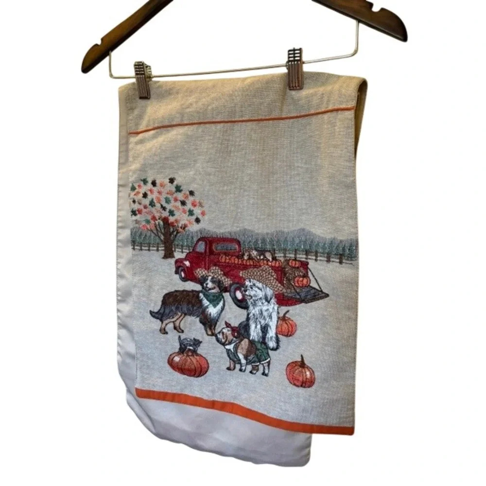 Pier 1 Imports Harvest Dog Red Truck Embroidered Table Runner 13x72 Fall Decor